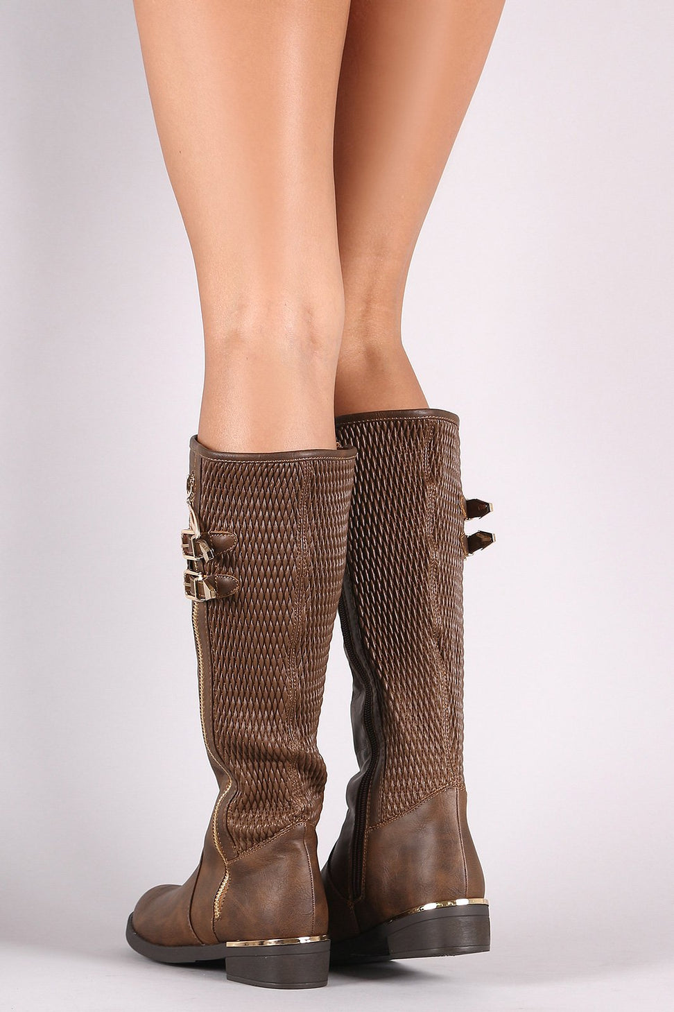 Buckled Stitchwork Zipper Trim Riding Knee High Boots