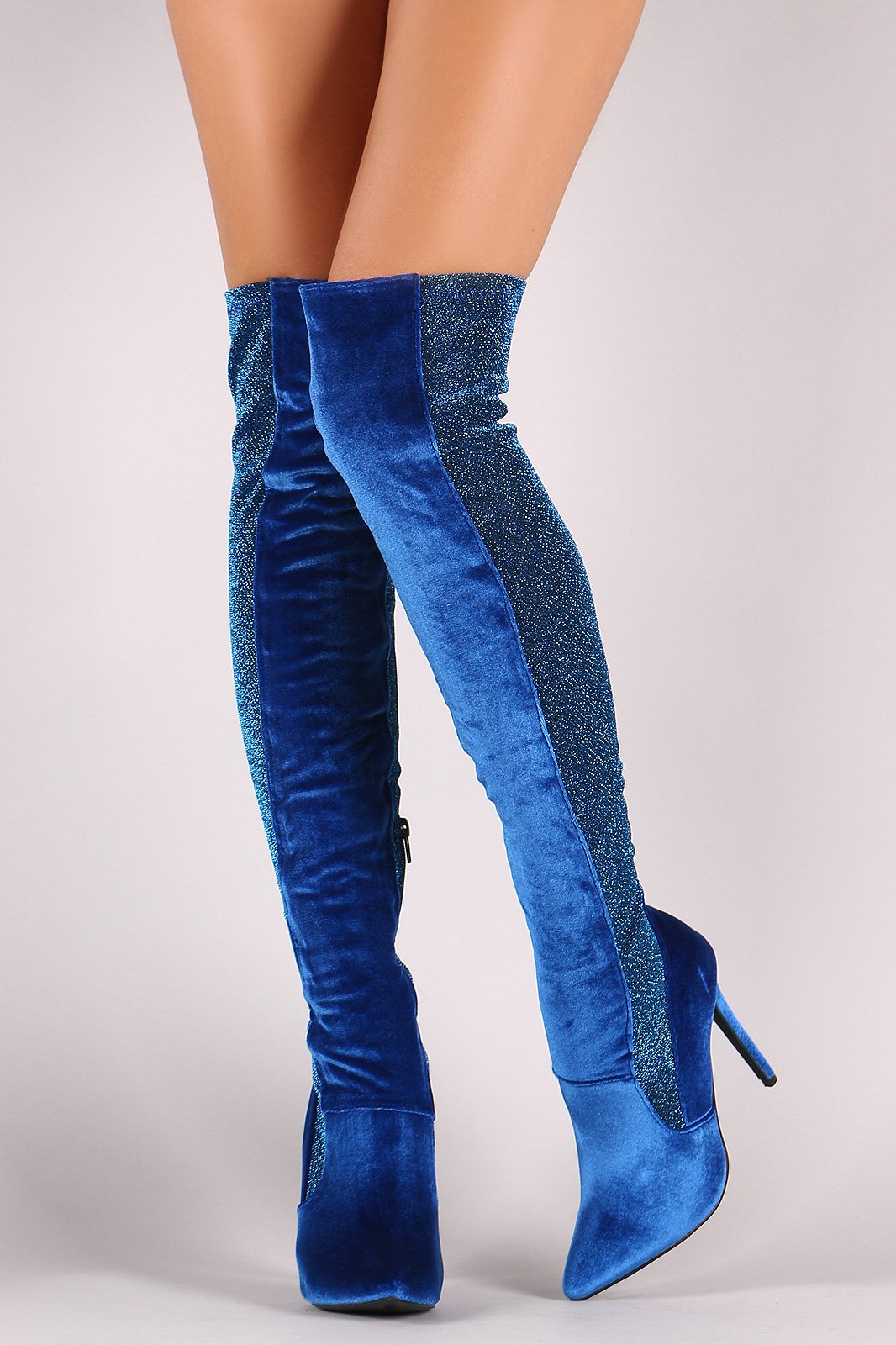Shoe Republic LA Foil Metallic Panel Velvet Stiletto OTK Boots