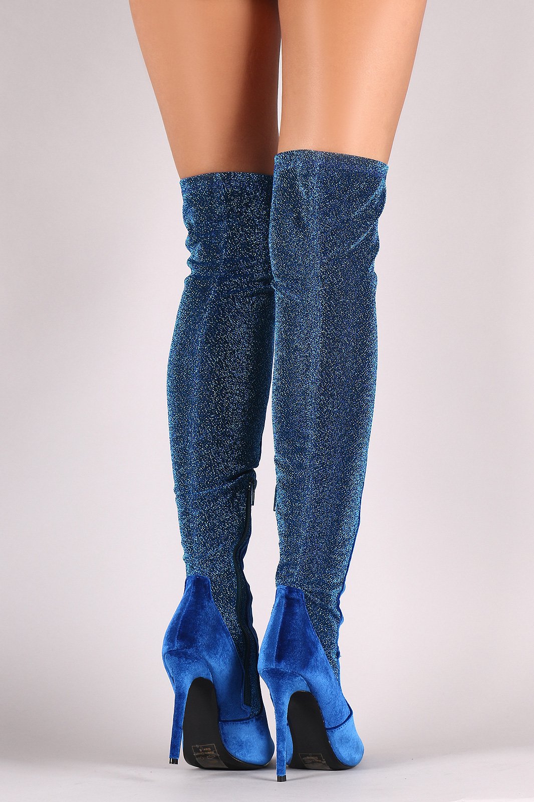 Shoe Republic LA Foil Metallic Panel Velvet Stiletto OTK Boots