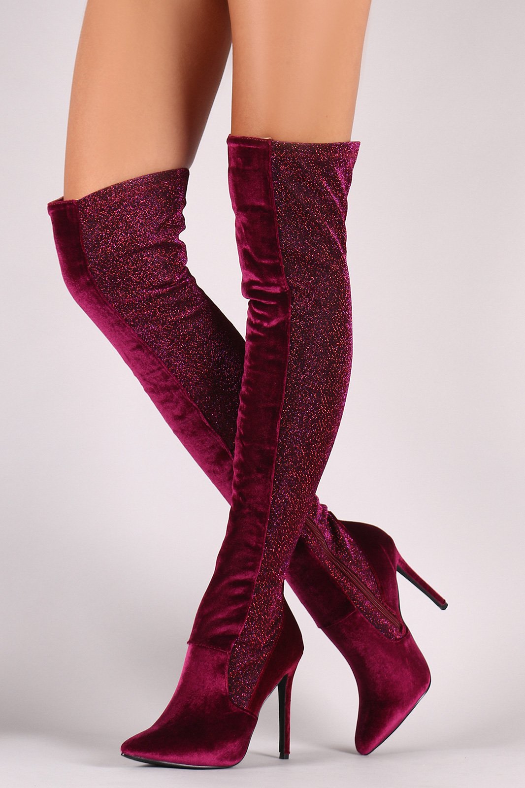 Shoe Republic LA Foil Metallic Panel Velvet Stiletto OTK Boots