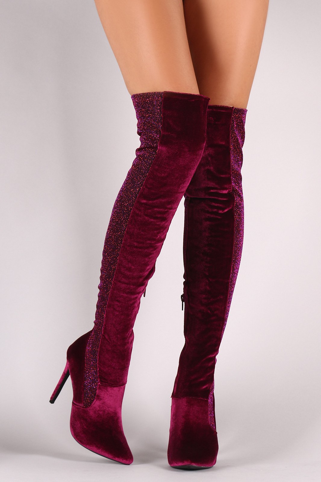 Shoe Republic LA Foil Metallic Panel Velvet Stiletto OTK Boots