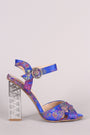 Qupid Floral Brocade Open Toe Metallic Zigzag Chunky Clear Heel