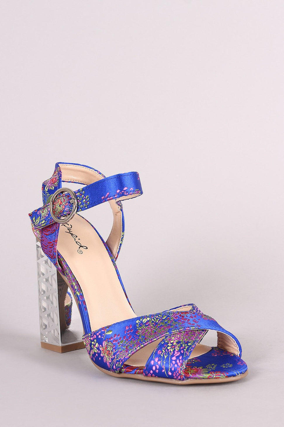 Qupid Floral Brocade Open Toe Metallic Zigzag Chunky Clear Heel