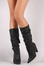 Qupid Pointy Toe Western Chunky Heeled Knee High Boots