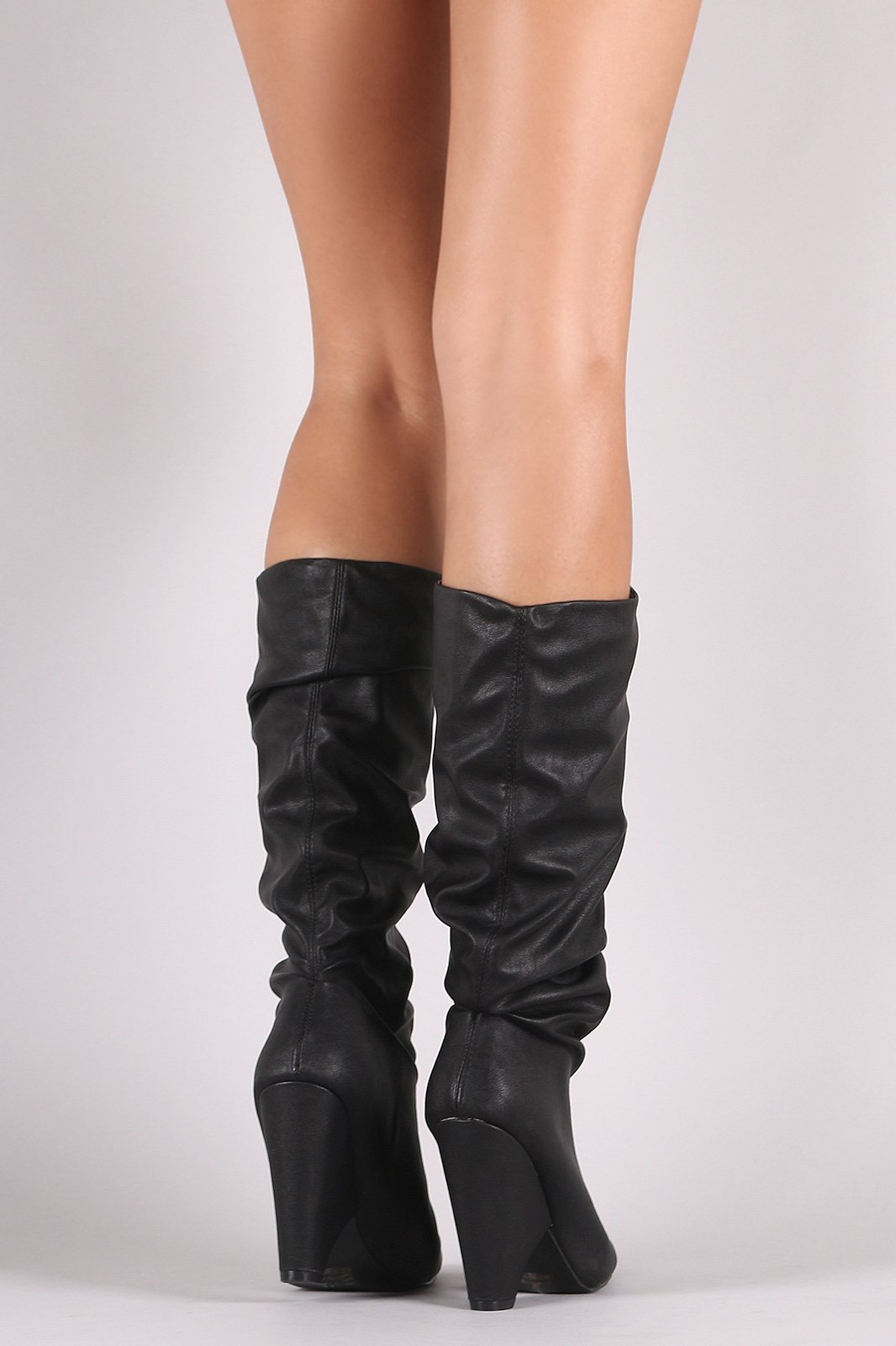 Qupid Pointy Toe Western Chunky Heeled Knee High Boots