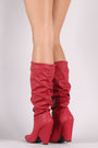 Qupid Pointy Toe Western Chunky Heeled Knee High Boots
