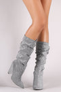 Qupid Foil Metallic Slouchy Western Chunky Heeled Knee High Boots