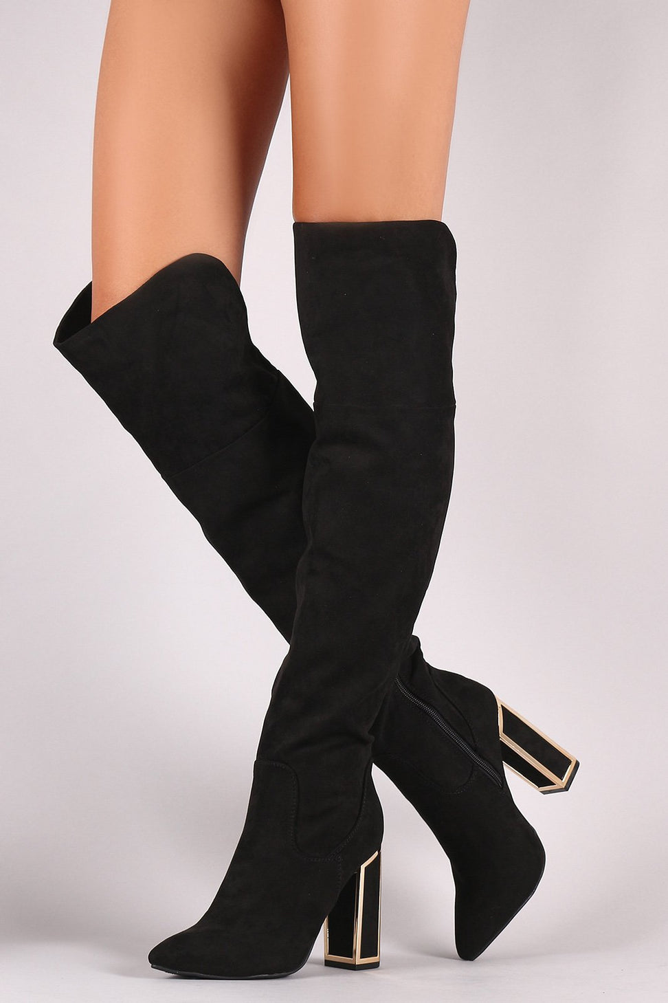 Bamboo Suede Pointy Toe Metallic Chunky Heeled Over-The-Knee Boots