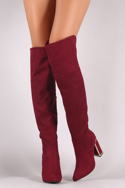 Bamboo Suede Pointy Toe Metallic Chunky Heeled Over-The-Knee Boots