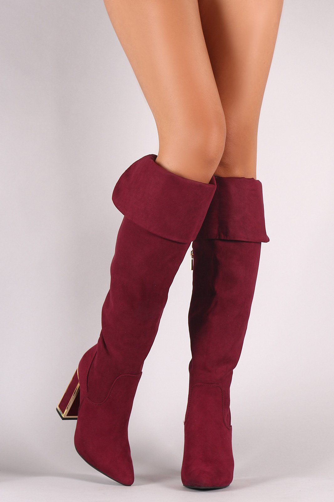 Bamboo Suede Pointy Toe Metallic Chunky Heeled Over-The-Knee Boots