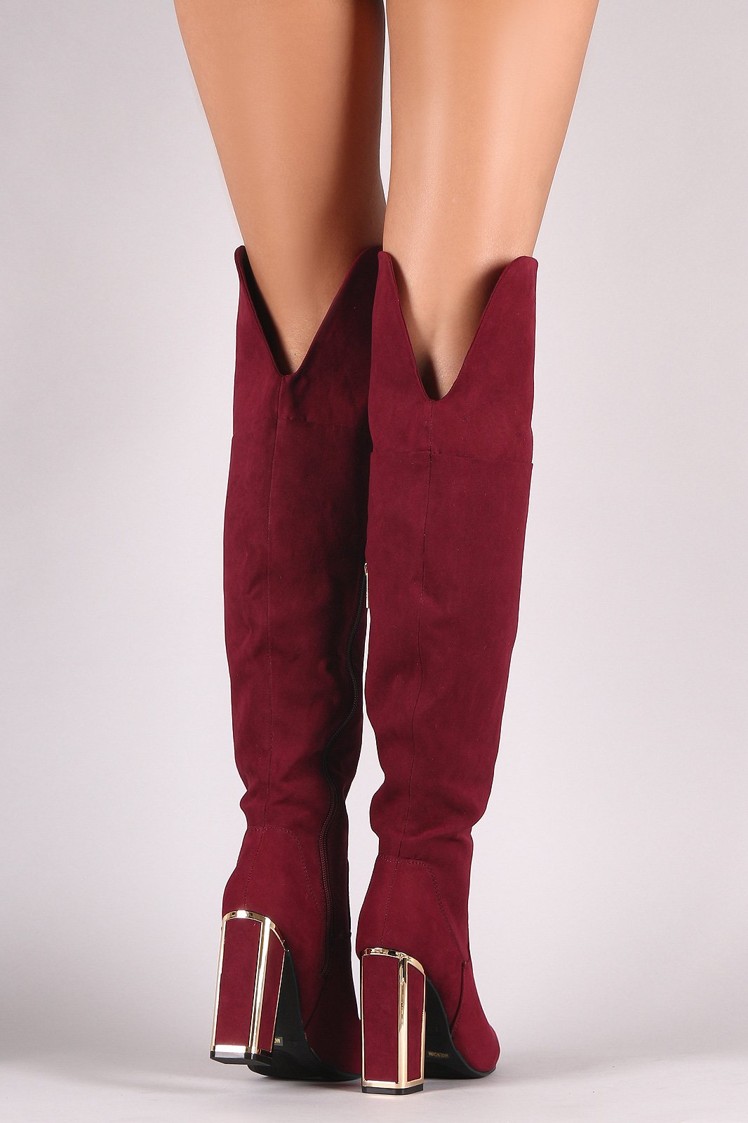 Bamboo Suede Pointy Toe Metallic Chunky Heeled Over-The-Knee Boots