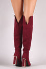 Bamboo Suede Pointy Toe Metallic Chunky Heeled Over-The-Knee Boots