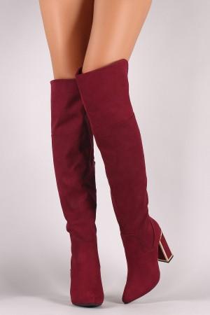 Bamboo Suede Pointy Toe Metallic Chunky Heeled Over-The-Knee Boots