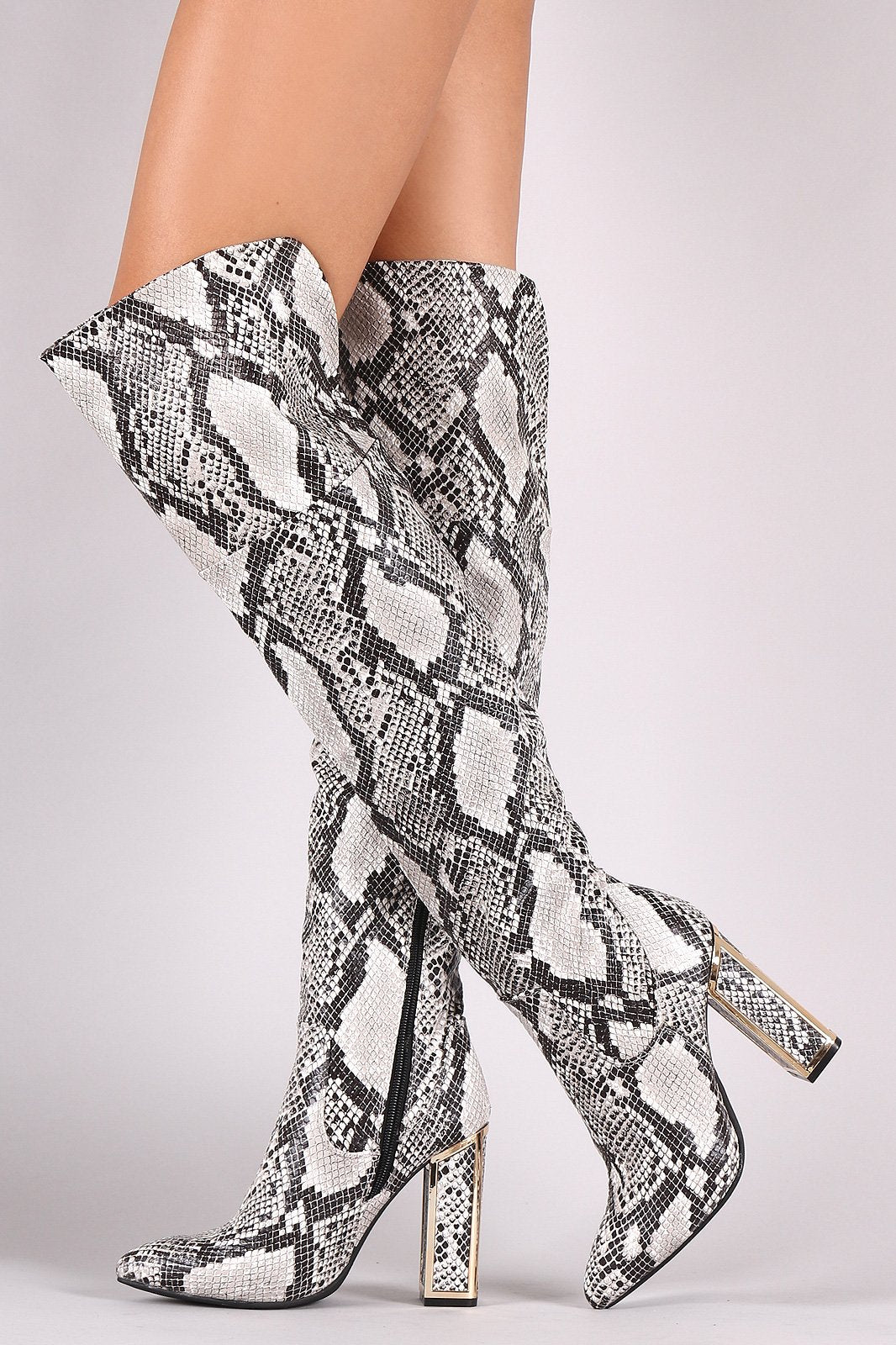 Bamboo Python Pointy Toe Metallic Chunky Heeled Over-The-Knee Boots