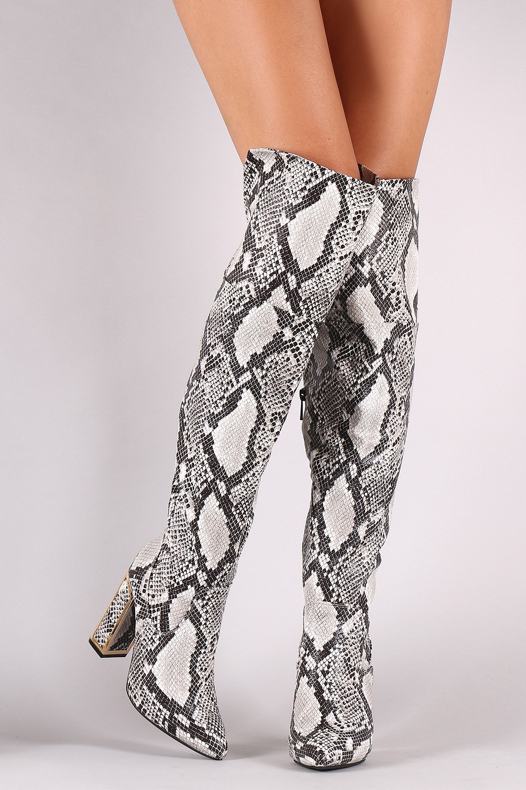 Bamboo Python Pointy Toe Metallic Chunky Heeled Over-The-Knee Boots