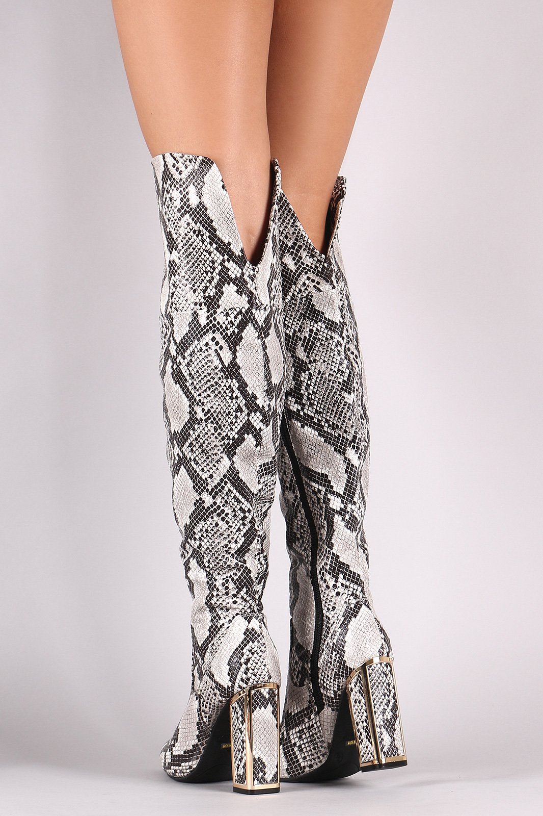 Bamboo Python Pointy Toe Metallic Chunky Heeled Over-The-Knee Boots