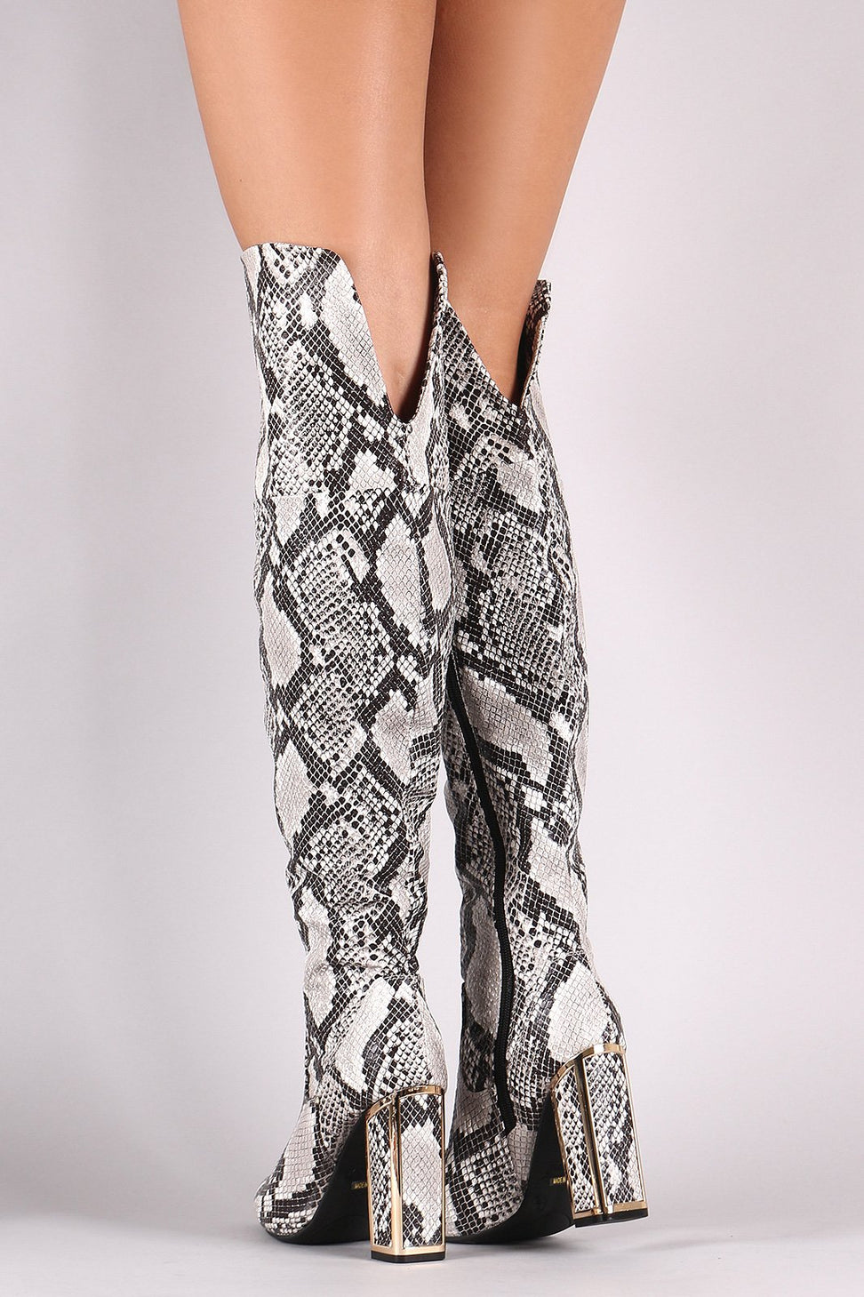 Bamboo Python Pointy Toe Metallic Chunky Heeled Over-The-Knee Boots