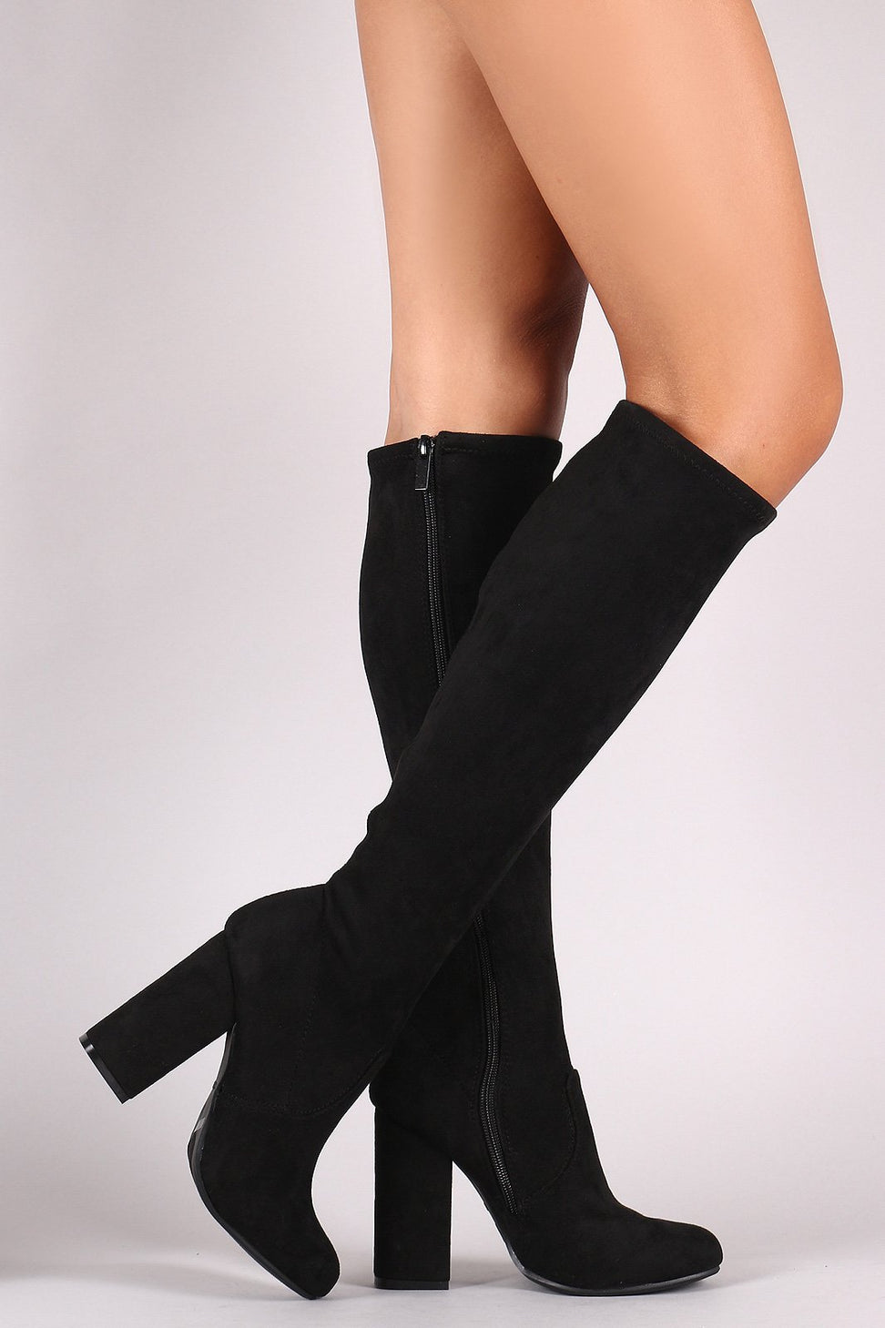 Bamboo Suede Round Toe Chunky Heeled Knee High Boots