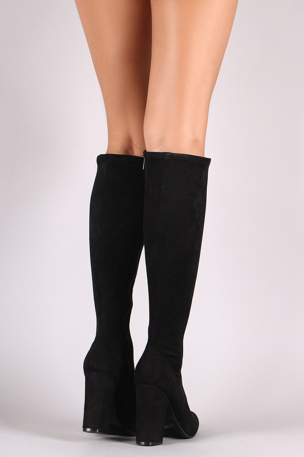 Bamboo Suede Round Toe Chunky Heeled Knee High Boots