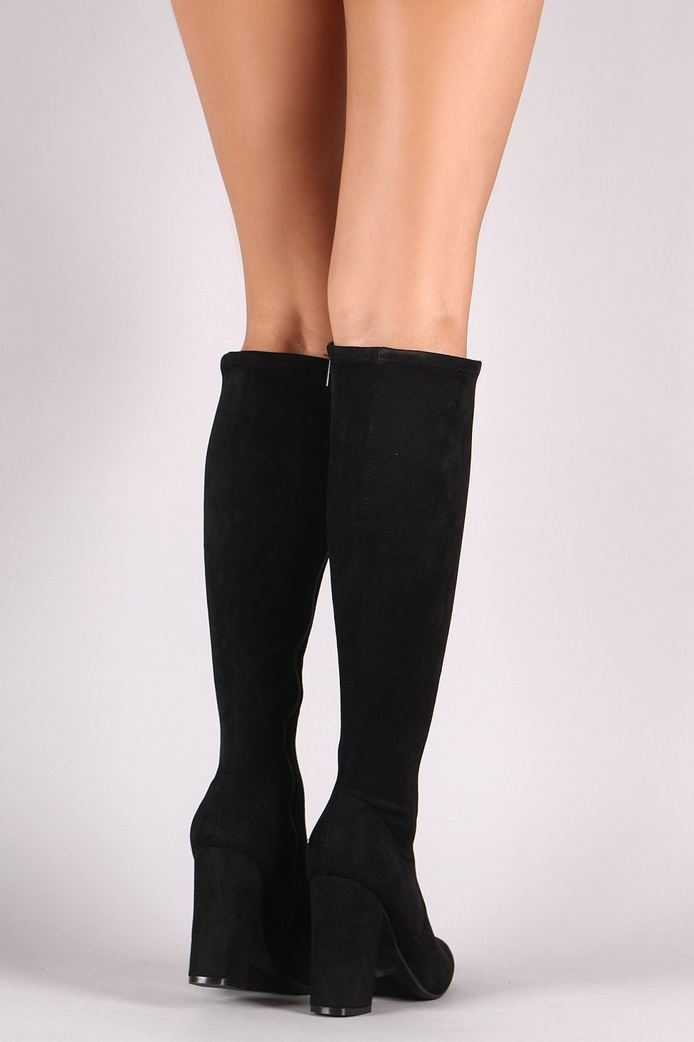Bamboo Suede Round Toe Chunky Heeled Knee High Boots