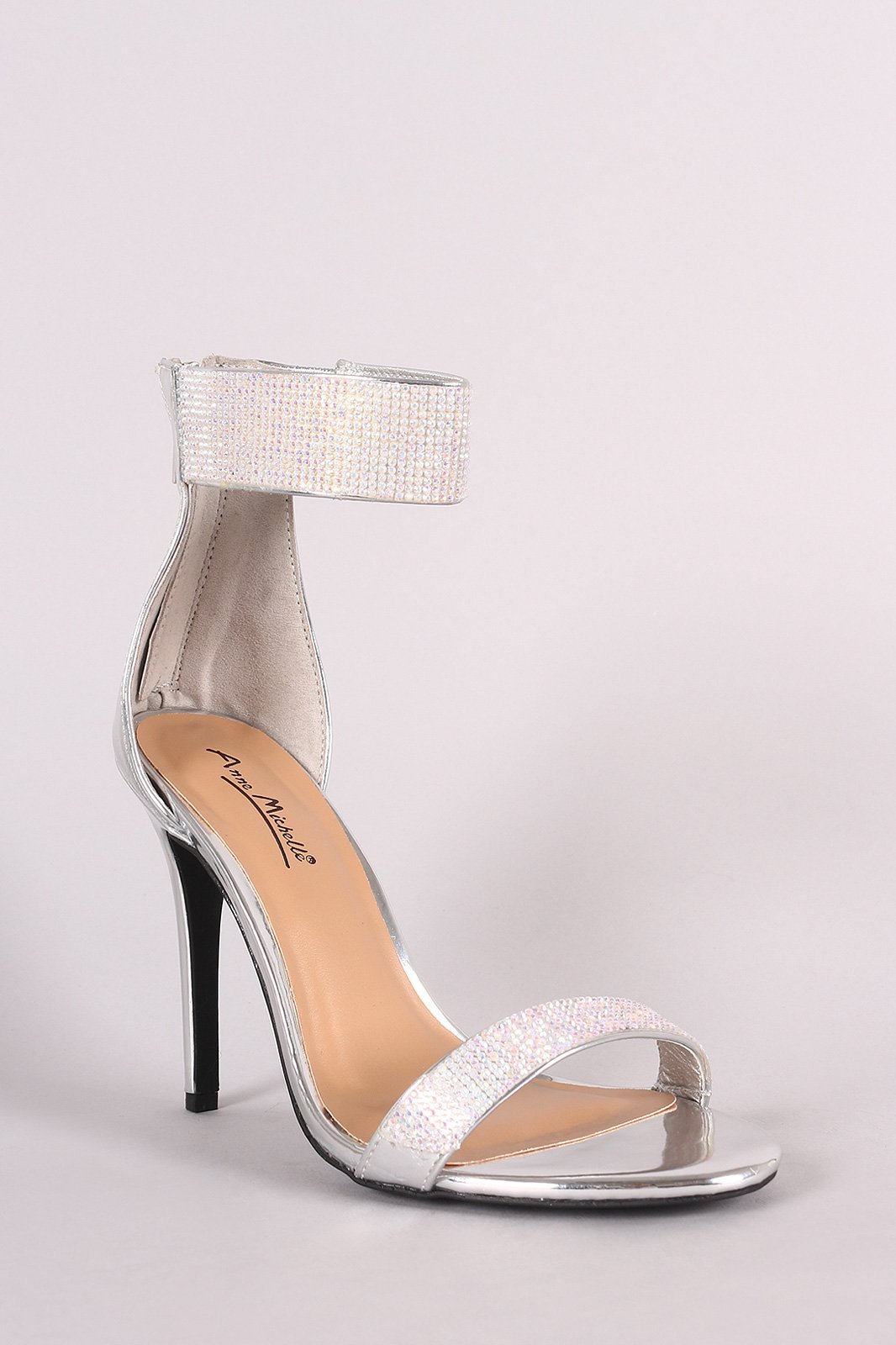 Anne Michelle Rhinestone Embellished Open Toe Ankle Cuff Stiletto Heel
