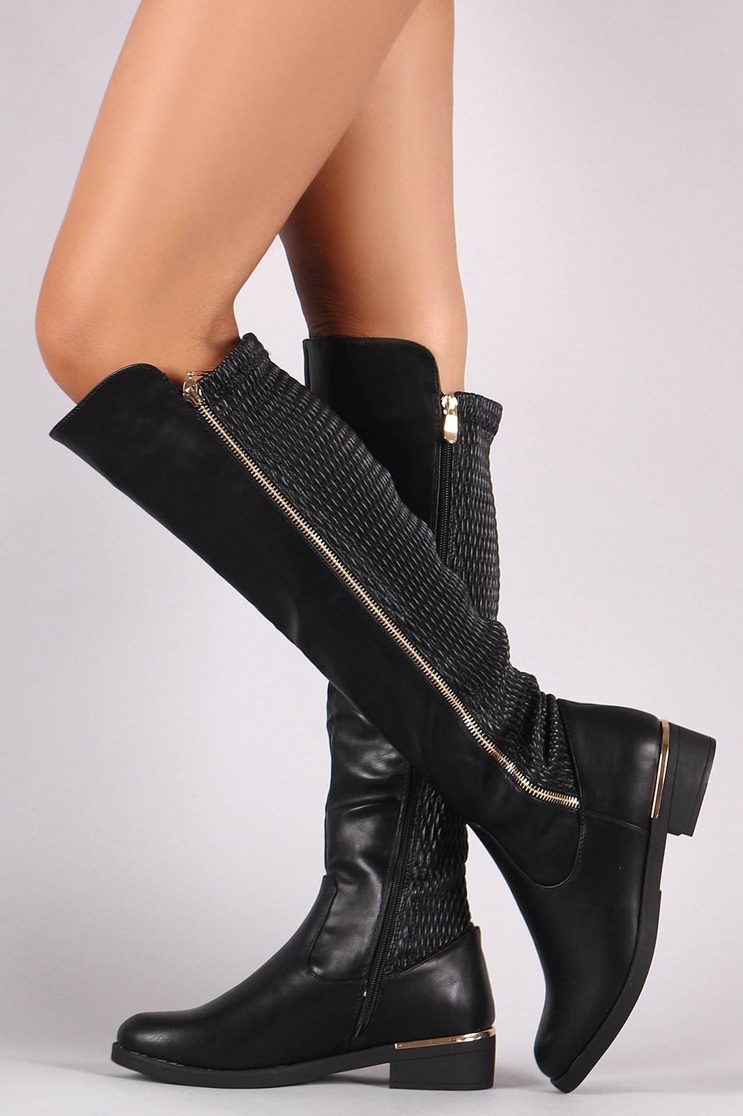 Vegan Leather Quilted Zipper Trim Riding Knee High Boots