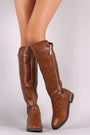 Vegan Leather Quilted Zipper Trim Riding Knee High Boots