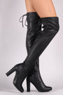 Drawstring-Tie Almond Toe Chunky Heeled Over-The-Knee Boots