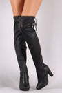 Drawstring-Tie Almond Toe Chunky Heeled Over-The-Knee Boots