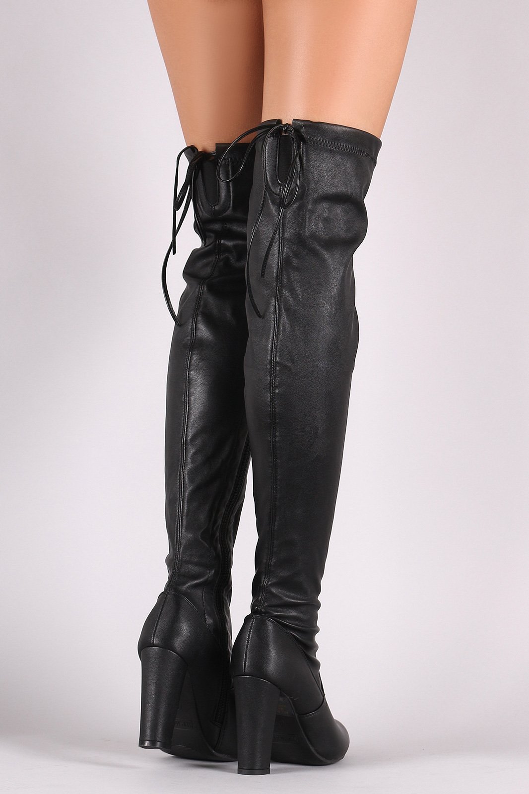 Drawstring-Tie Almond Toe Chunky Heeled Over-The-Knee Boots