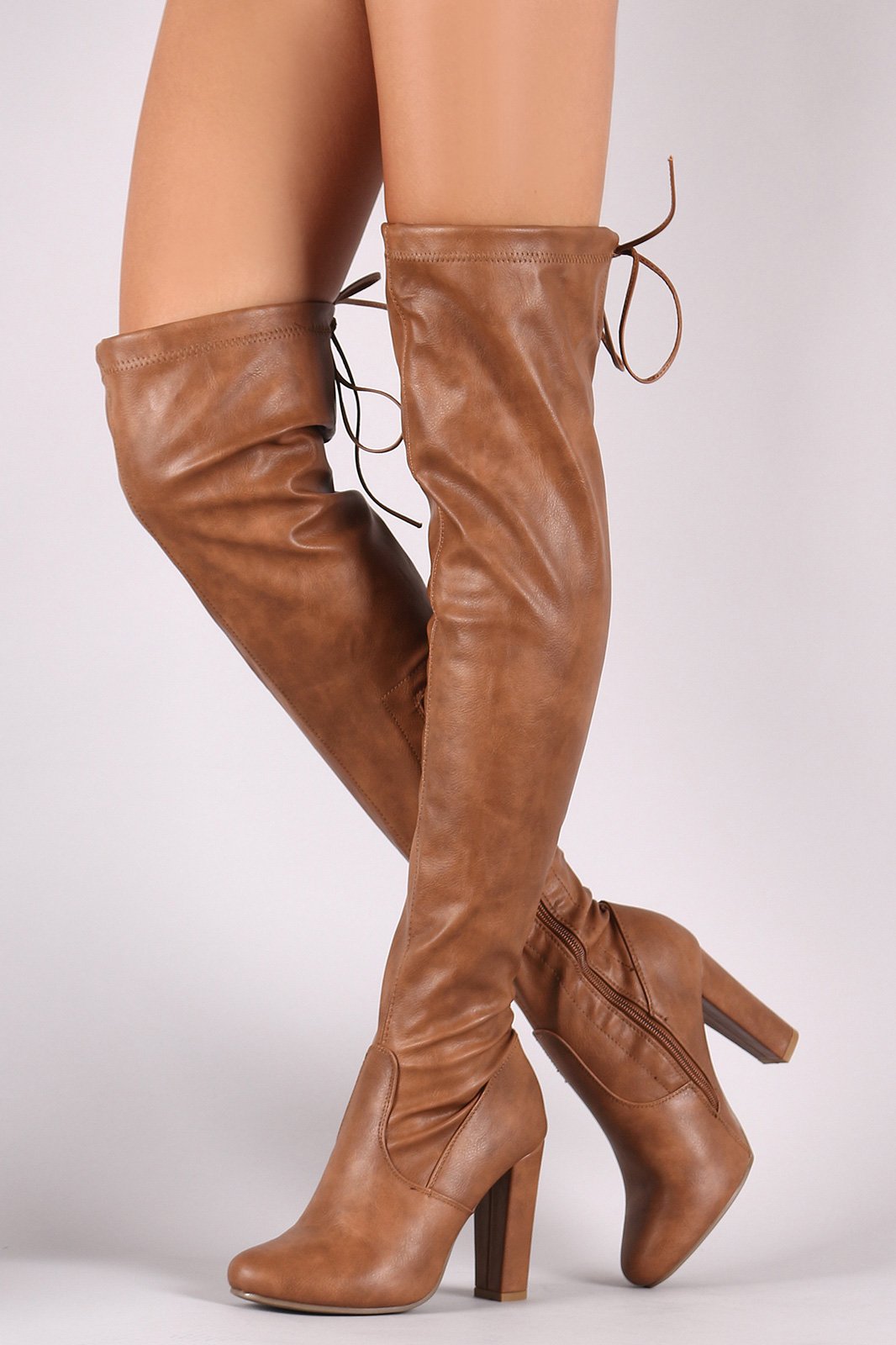 Drawstring-Tie Almond Toe Chunky Heeled Over-The-Knee Boots