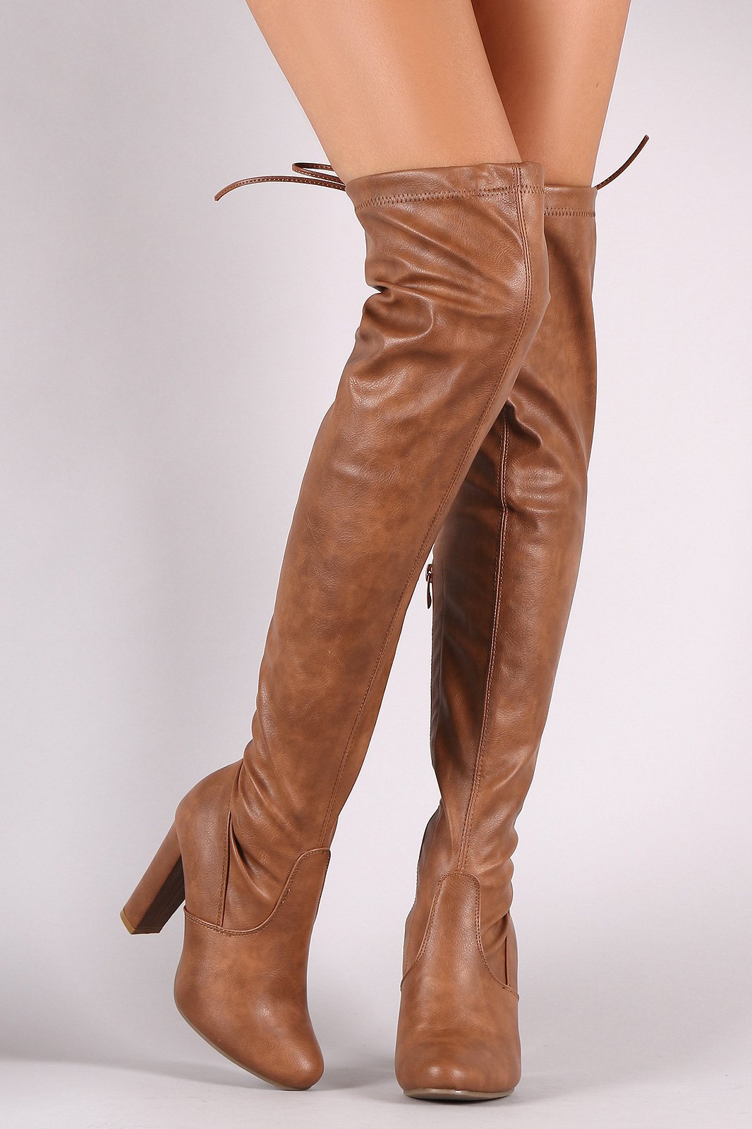 Drawstring-Tie Almond Toe Chunky Heeled Over-The-Knee Boots