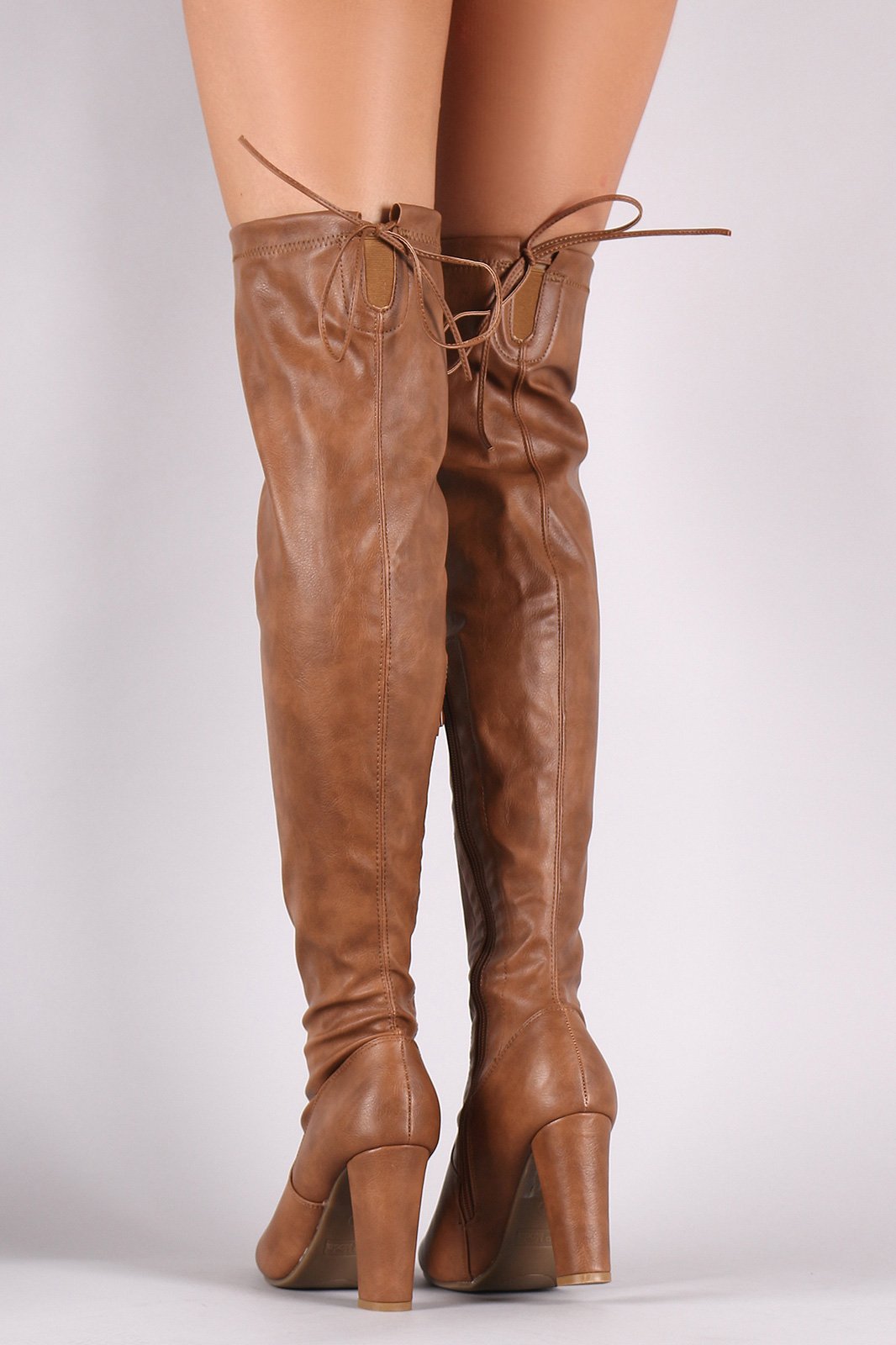 Drawstring-Tie Almond Toe Chunky Heeled Over-The-Knee Boots