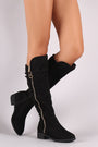Suede Buckled Zipper Trim Riding Knee High Boots