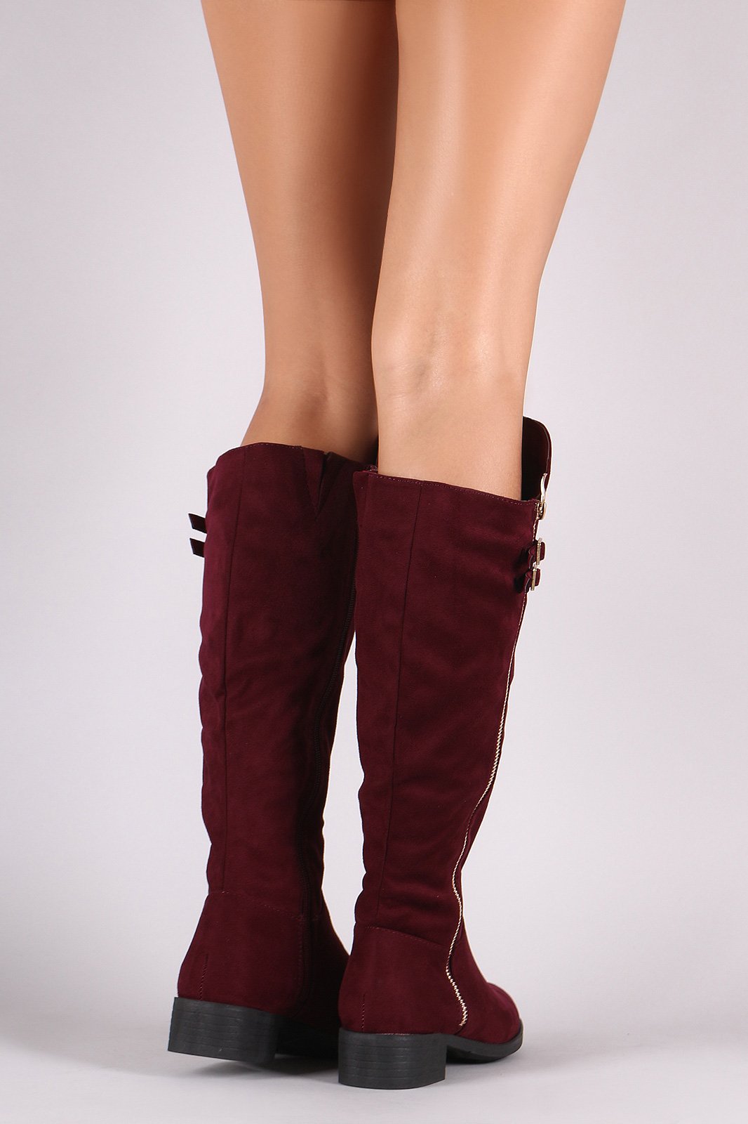 Suede Buckled Zipper Trim Riding Knee High Boots