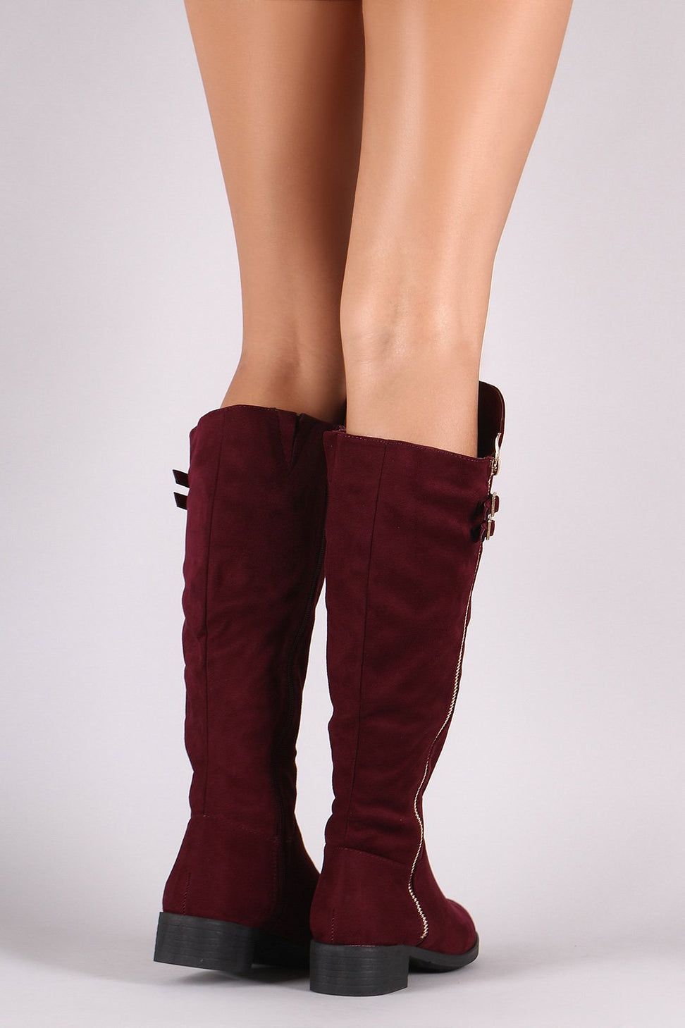 Suede Buckled Zipper Trim Riding Knee High Boots