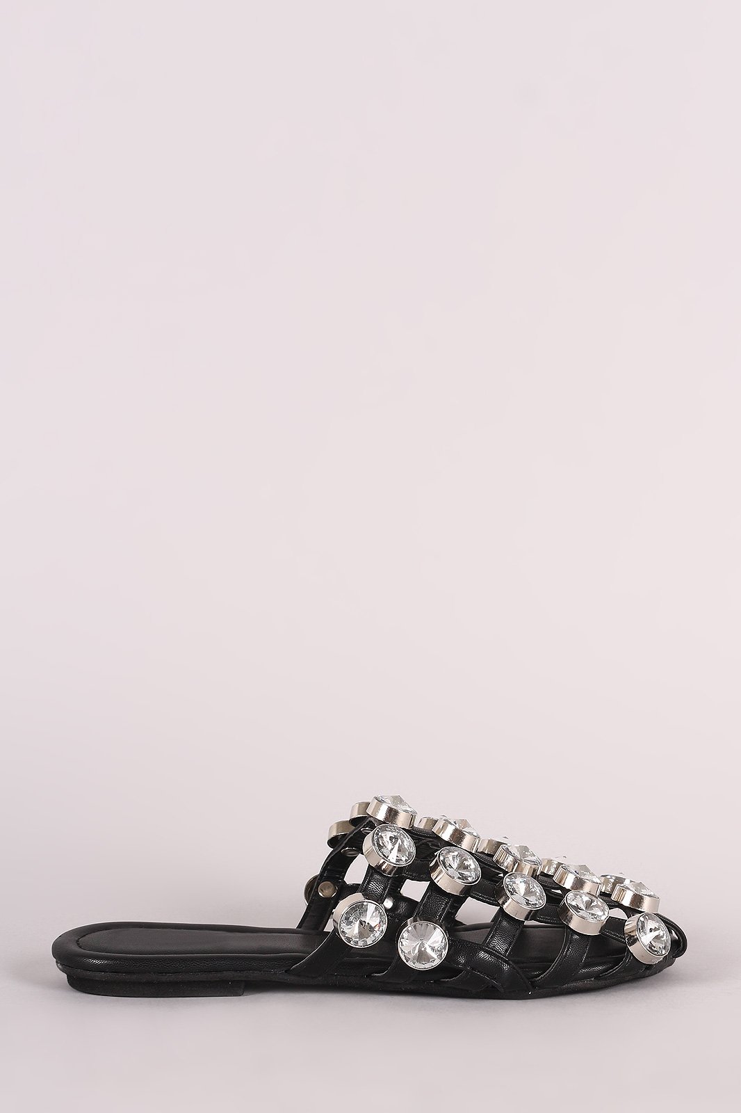 Oversized Jeweled Accent Caged Slide-On Mules