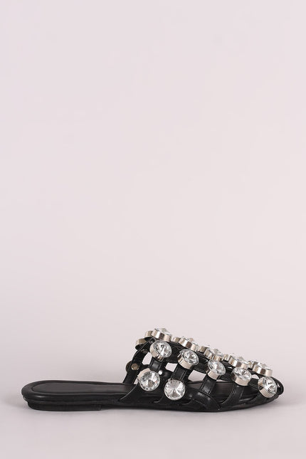 Oversized Jeweled Accent Caged Slide-On Mules