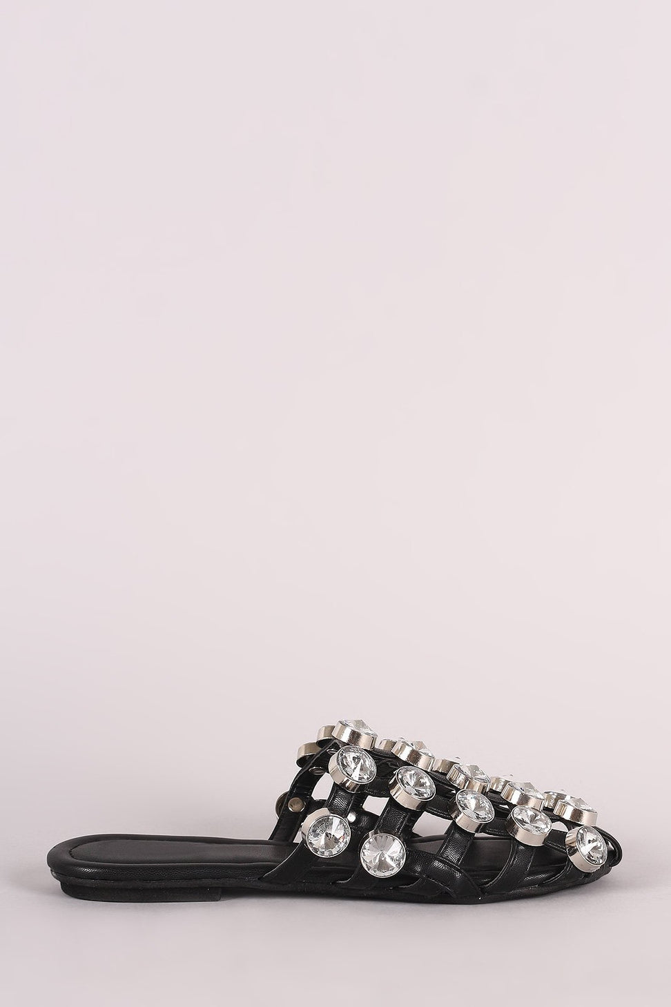 Oversized Jeweled Accent Caged Slide-On Mules