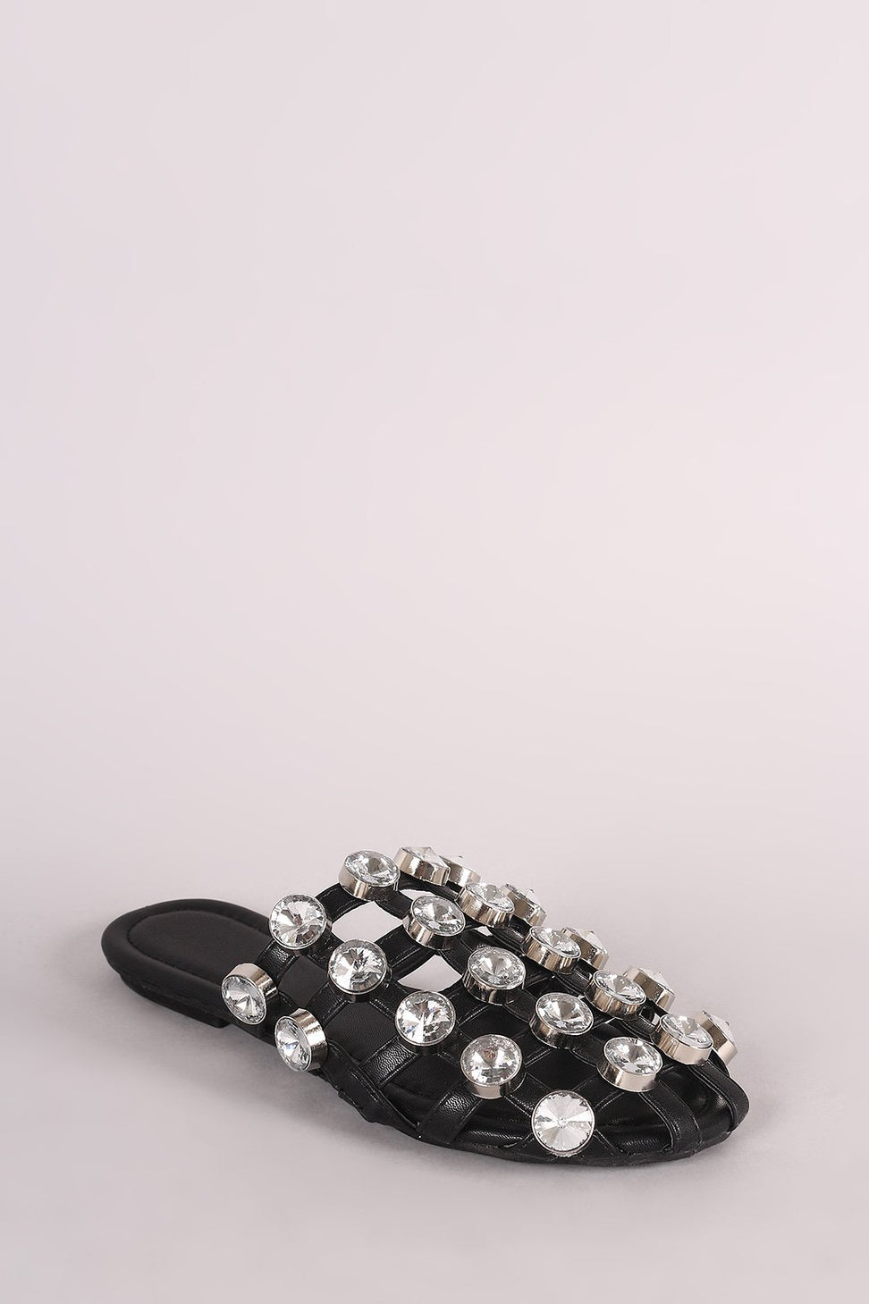 Oversized Jeweled Accent Caged Slide-On Mules