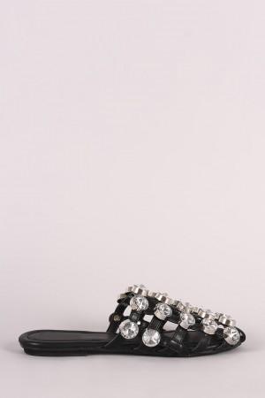 Oversized Jeweled Accent Caged Slide-On Mules