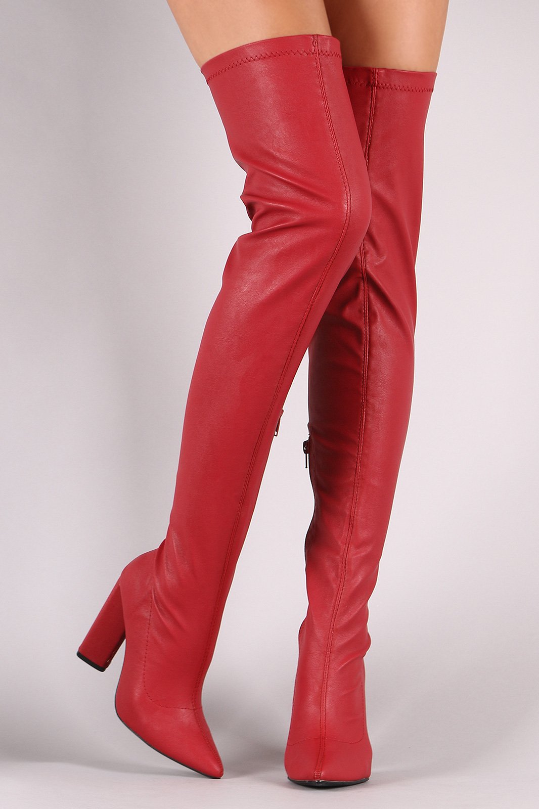 Qupid Pointy Toe Chunky Heeled Over-The-Knee Boots