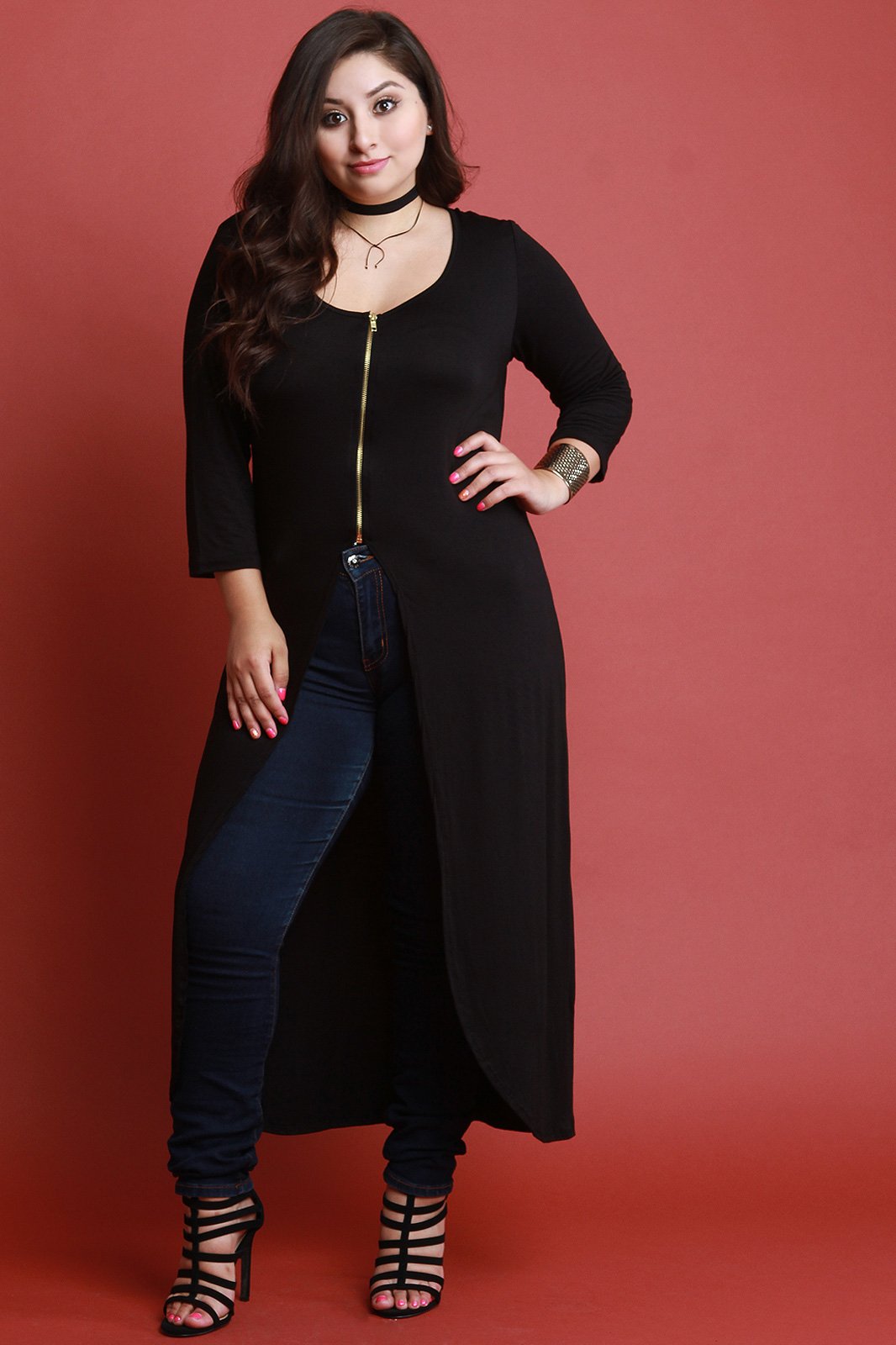 Zipper Front Quarter Sleeves Maxi Top