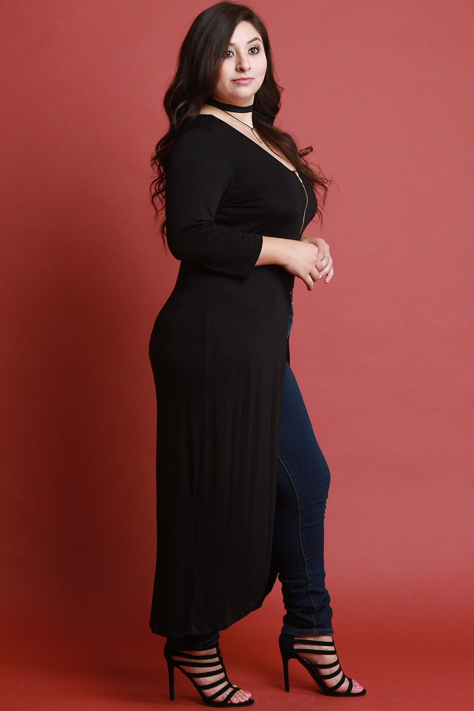 Zipper Front Quarter Sleeves Maxi Top