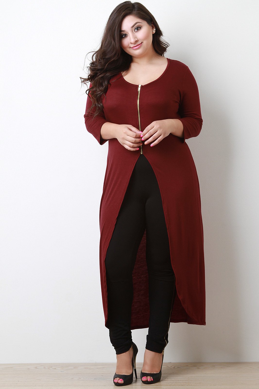 Zipper Front Quarter Sleeves Maxi Top