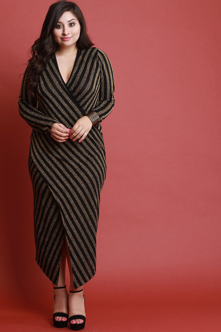 Foil Metallic Surplice V Neck Long Sleeves Wrapped Dress - NoveltyOne