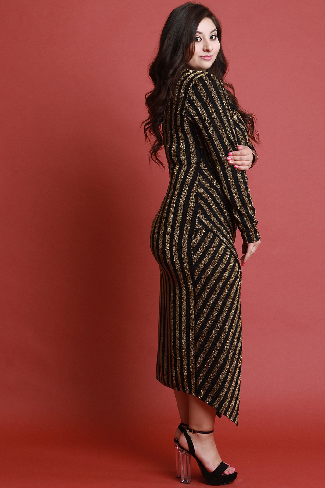 Foil Metallic Surplice V Neck Long Sleeves Wrapped Dress - NoveltyOne