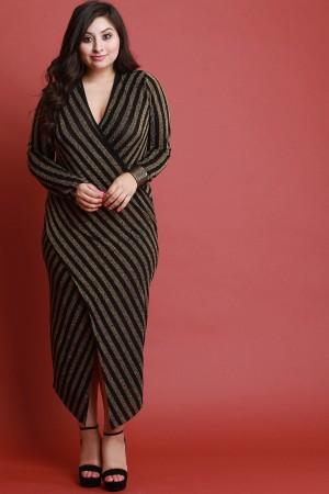 Foil Metallic Surplice V Neck Long Sleeves Wrapped Dress - NoveltyOne