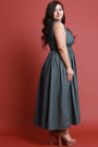 V Neck Smock Empire Waist Sleeveless Chambray Maxi Dress