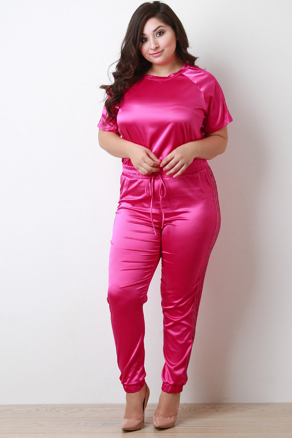 Elastic Semi-Sheer Striped Satin Short Sleeve Top